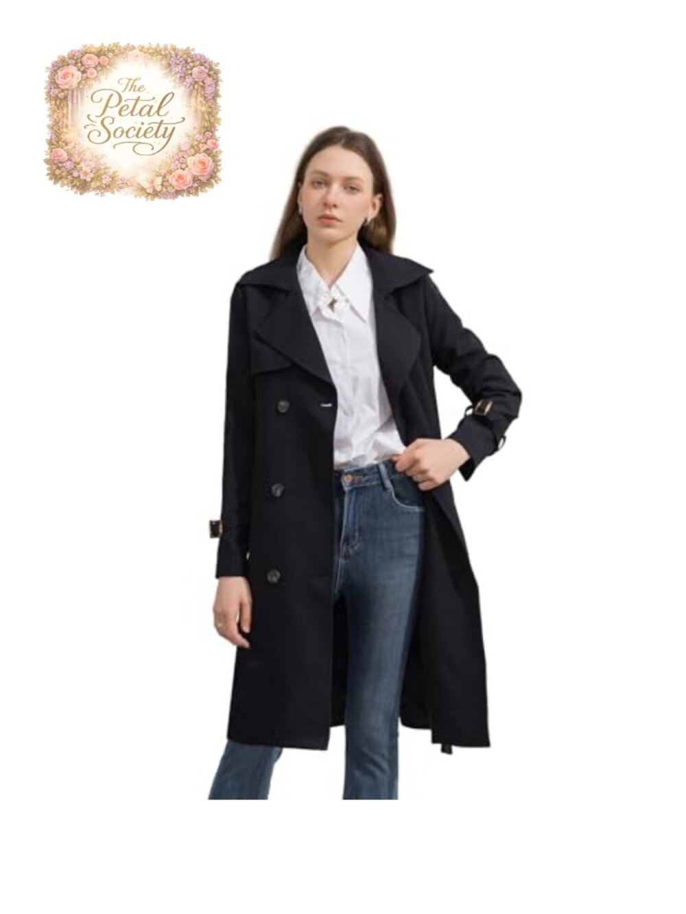 Women's Knee Length Trench Coat Double Breasted Belted Overcoat